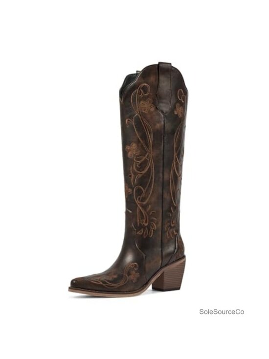 Shoes - Women's Knee-High Cowboy Boots Faux Leather Embroidered Pointed Toe